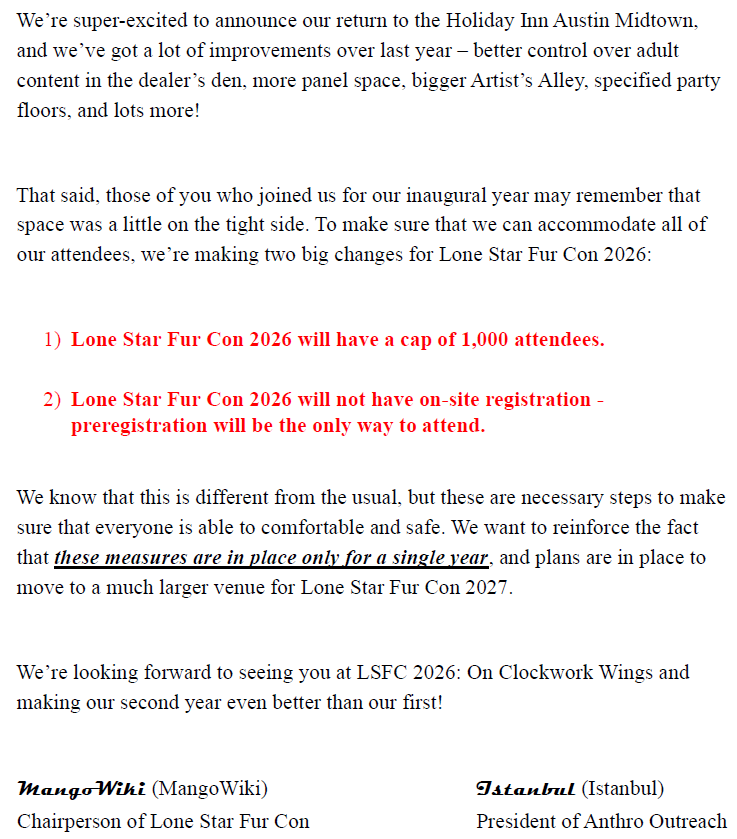 Lone Star Fur Con 2026 Update