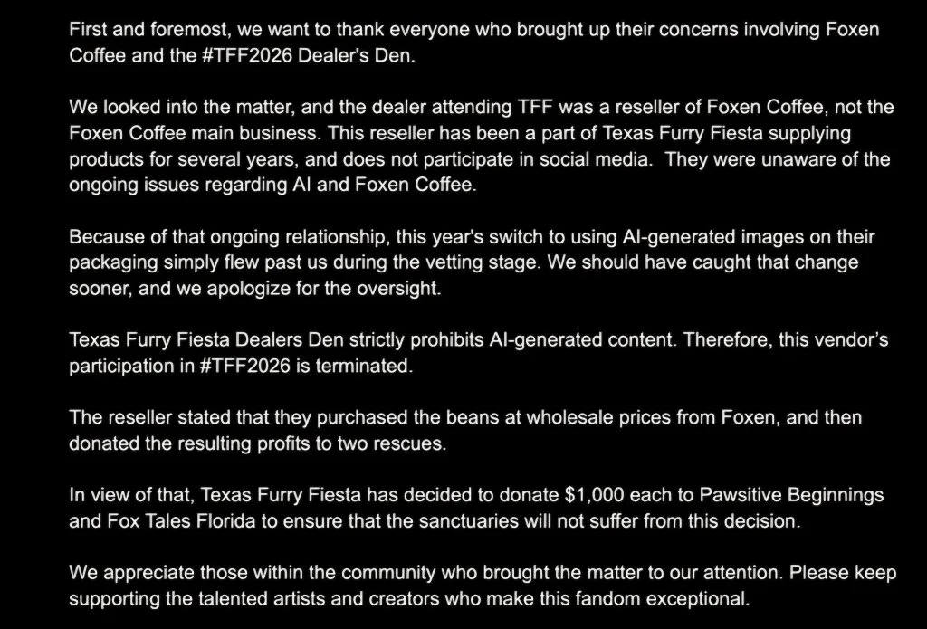 Furry Fiesta Issues Statement over Dealer using AI