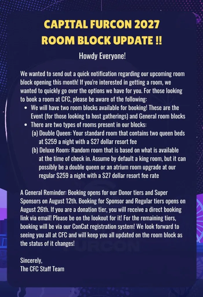 Capital FurCon 2027 Room Block Update